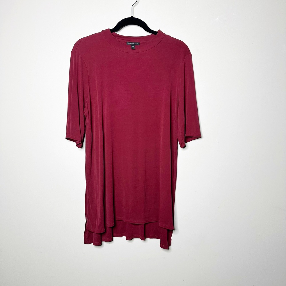 Eileen Fisher Silk Tunic Women Medium Burgundy Excellent Short Sleeve Lagenlook